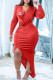 Red Fashion Casual Print Fold V Neck Irregular Dress Dresses