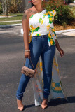 Orange Fashion Casual Print Backless Asymmetrical Oblique Collar Tops