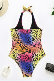 Leopard Print Fashion Sexy Print Hollowed Out Backless Swimwears
