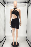 Black Fashion Sexy Solid Hollowed Out Backless O Neck Sleeveless Dress