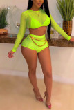 Green Fashion Sexy Solid Hollowed Out See-through Backless O Neck Long Sleeve Two Pieces