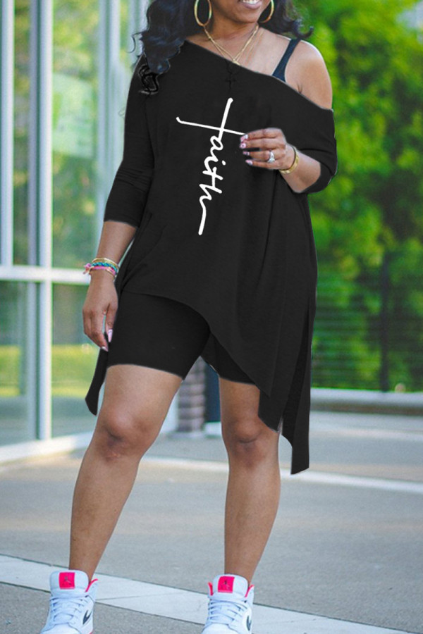 Black Fashion Casual Print Patchwork Asymmetrical Oblique Collar Half Sleeve Two Pieces