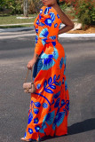Orange Fashion Casual Print Backless Asymmetrical Oblique Collar Tops