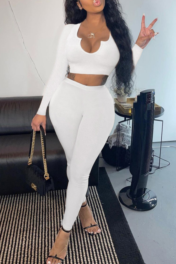 White Fashion Casual Solid Basic O Neck Long Sleeve Two Pieces