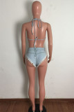 Light Blue Fashion Sexy Solid Split Joint Buttons Backless Strap Design Swimwears