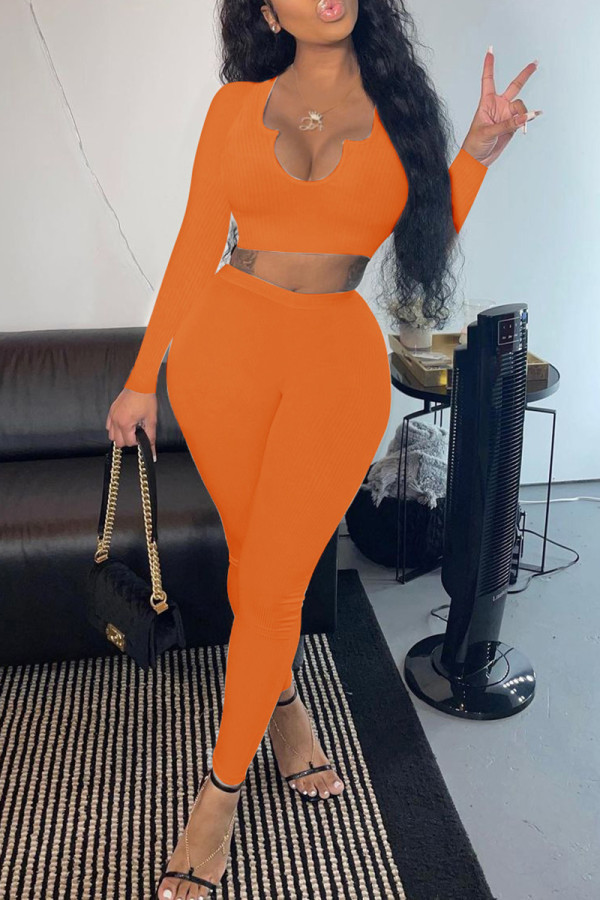 Orange Fashion Casual Solid Basic O Neck Long Sleeve Two Pieces