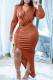 Brown Fashion Casual Print Fold V Neck Irregular Dress Dresses