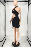 Black Fashion Sexy Solid Hollowed Out Backless O Neck Sleeveless Dress