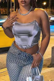 Grey Sexy Casual Solid Backless Strapless Tops