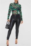 Red Fashion Sexy Print See-through Turtleneck Long Sleeves Skinny Romper