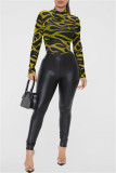 Red Fashion Sexy Print See-through Turtleneck Long Sleeves Skinny Romper