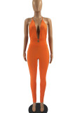 Orange Sexy Solid Split Joint Frenulum Backless Regular Jumpsuits
