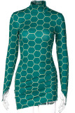 Green Sexy Print Patchwork Backless Fold Turtleneck Pencil Skirt Dresses