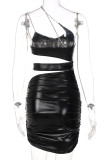 Red Sexy Solid Hollowed Out Patchwork Fold Spaghetti Strap Pencil Skirt Dresses