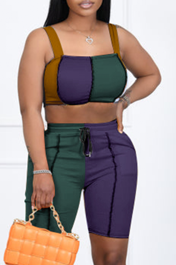 Ink Green Sexy Solid Patchwork Square Collar Sleeveless Two Pieces