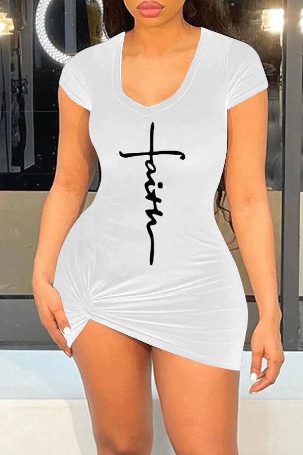 White Fashion Casual Print Basic V Neck Short Sleeve Dress