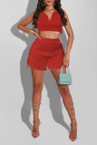 Red Sexy Solid Patchwork V Neck Sleeveless Two Pieces