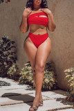 Red Sexy Solid Hollowed Out Patchwork Swimwears