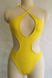 Yellow Sexy Print Hollowed Out Backless Strap Design Spaghetti Strap Plus Size Swimwear