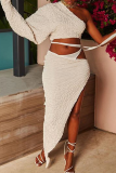 White Sexy Solid Slit One Shoulder Long Sleeve Two Pieces