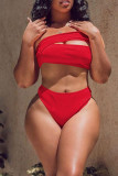 Red Sexy Solid Hollowed Out Patchwork Swimwears