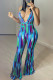 Blue Fashion Sexy Print Backless Halter Regular Jumpsuits