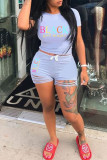 Red Fashion Casual Letter Print Ripped O Neck Short Sleeve Two Pieces