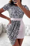 Light Pink Casual Elegant Print Patchwork Asymmetrical O Neck One Step Skirt Dresses