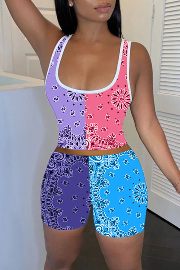 Pink Purple Casual Print Patchwork U Neck Sleeveless Two Pieces