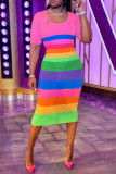 Light Purple Casual Striped Print Split Joint O Neck Pencil Skirt Dresses