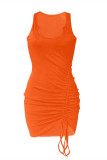 Orange Sexy Casual Solid Draw String Frenulum O Neck Vest Dress