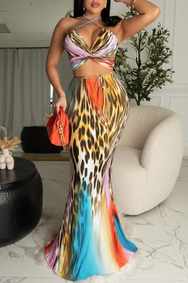 Leopard Print Sexy Print Leopard Patchwork Halter Sleeveless Two Pieces