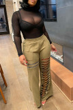 Grey Casual Street Solid Hollowed Out Patchwork Zipper Boot Cut High Waist Speaker Solid Color Bottoms