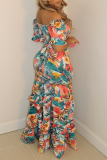 Multicolor Fashion Sexy Print Draw String Frenulum Backless Off the Shoulder Short Sleeve Two Pieces