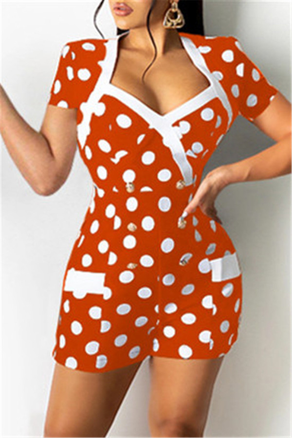 Orange Fashion Sexy Dot Print Patchwork V Neck Regular Romper
