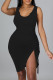 Black Sexy Casual Solid Draw String Frenulum O Neck Vest Dress