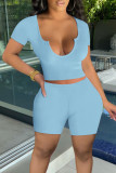 Light Pink Sexy Casual Solid Patchwork U Neck Short Sleeve Two Pieces