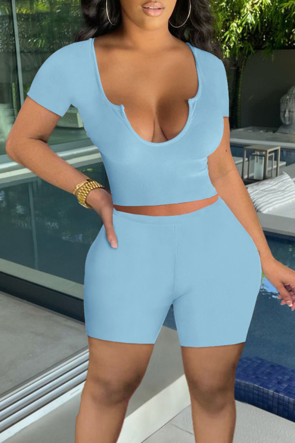 Light Blue Sexy Casual Solid Patchwork U Neck Short Sleeve Two Pieces