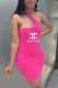 Rose Red Fashion Sexy Print Letter One Shoulder One Step Skirt Dresses