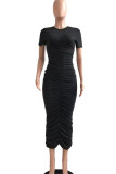 Rose Red Sexy Solid Patchwork Fold O Neck One Step Skirt Dresses