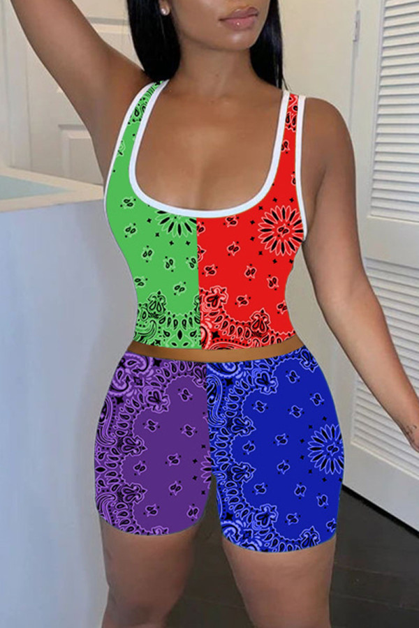 Red Green Casual Print Patchwork U Neck Sleeveless Two Pieces