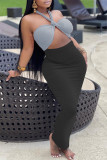 Pink Sexy Casual Patchwork Solid Hollowed Out Backless Halter Strapless Dress