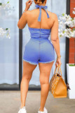 Deep Blue British Style Solid Patchwork Backless Halter Straight Rompers