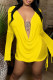 Yellow Sexy Solid See-through Backless Asymmetrical V Neck Long Sleeve Two Pieces