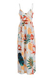 Rice White Fashion Sexy Off The Shoulder Sleeveless V Neck Sling Dress Print Dresses