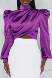 Red Elegant Solid Patchwork Fold Asymmetrical Turtleneck Tops