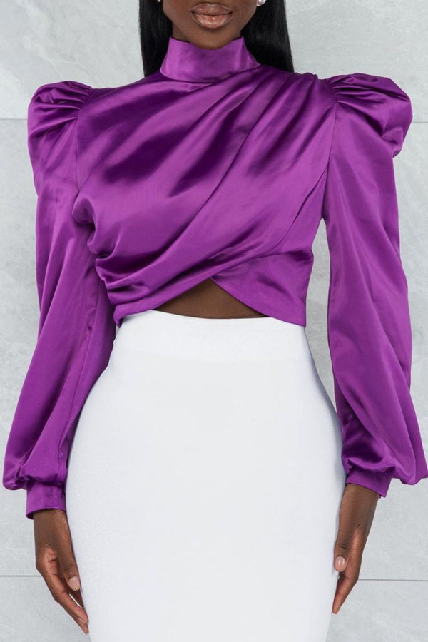Purple Elegant Solid Patchwork Fold Asymmetrical Turtleneck Tops