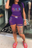 Red Fashion Casual Letter Print Ripped O Neck Short Sleeve Two Pieces