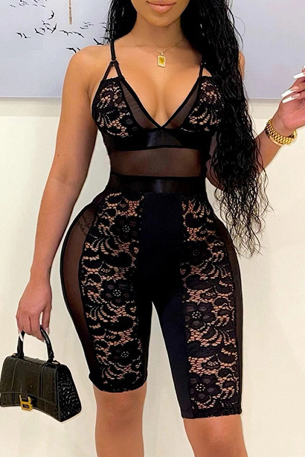 Black Fashion Sexy Patchwork See-through Backless V Neck Skinny Romper
