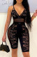 Black Fashion Sexy Patchwork See-through Backless V Neck Skinny Romper